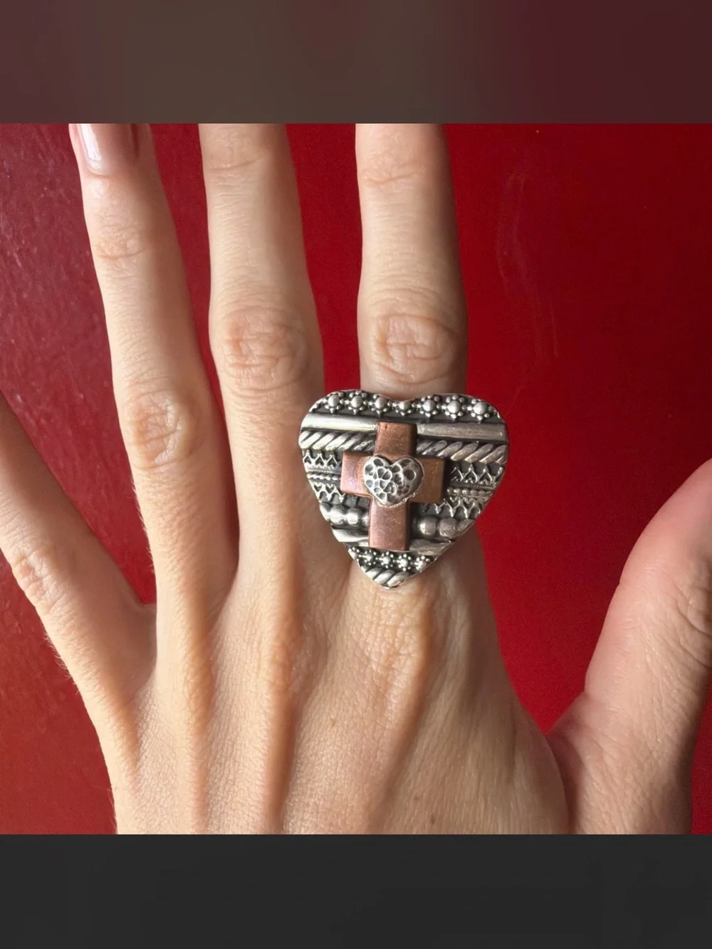 Sterling Silver heart ring with brass cross and floral detail